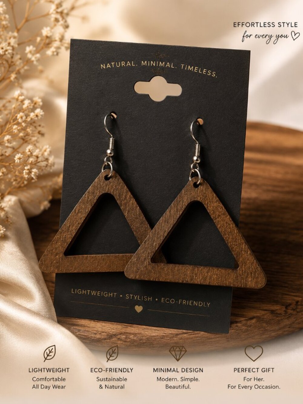 Wooden Triangle Earrings | Lightweight Boho Geometric Statement Jewelry | Natura